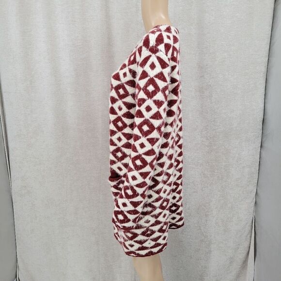 Carapace Longline Cardigan Maroon and White Geometric Aztec Pattern Women's S - Picture 2 of 12